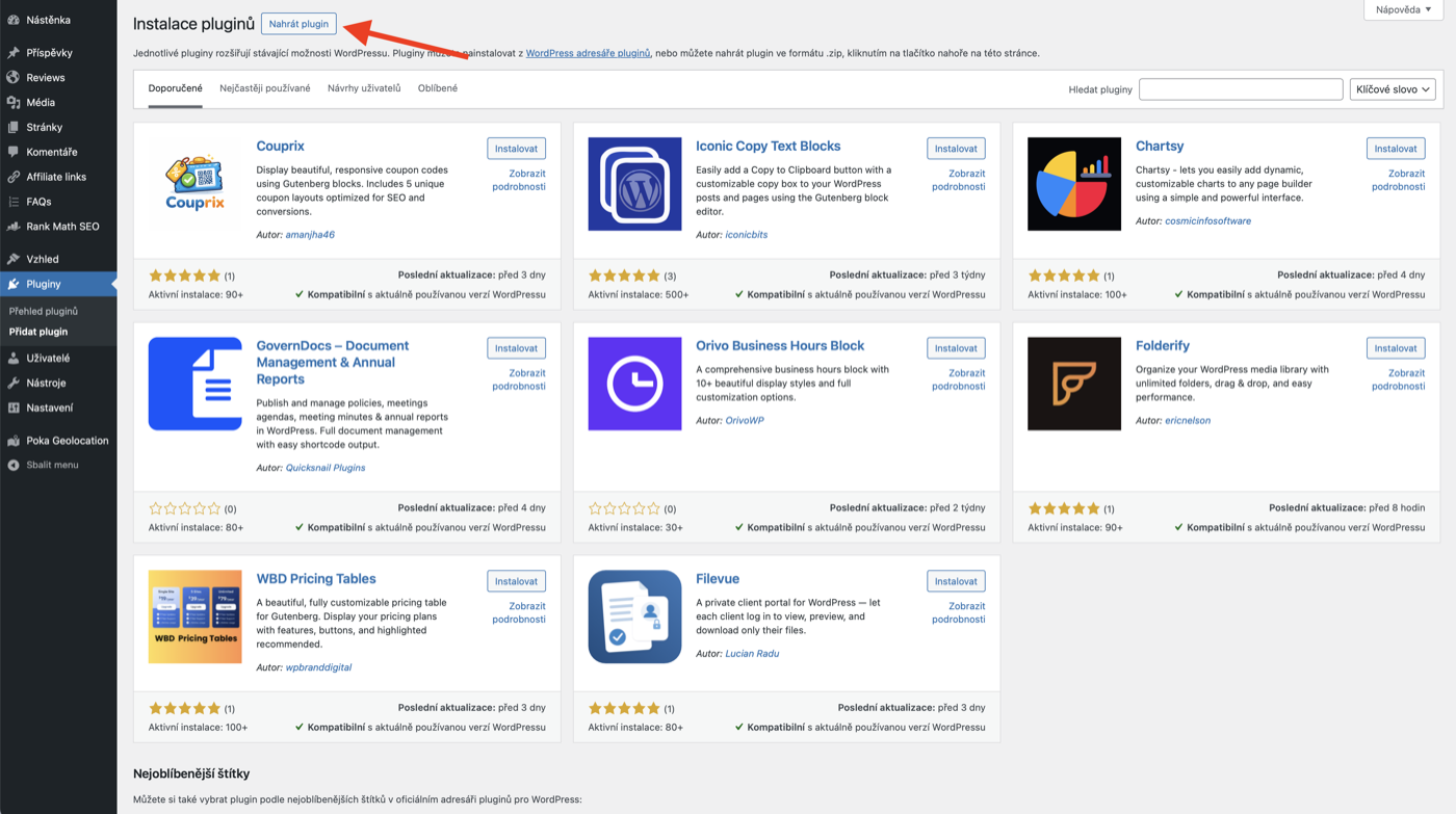 WordPress administrace: sekce Pluginy → Přidat nový → Nahrát plugin. Vidíte pole pro výběr souboru a tlačítko Nainstalovat.