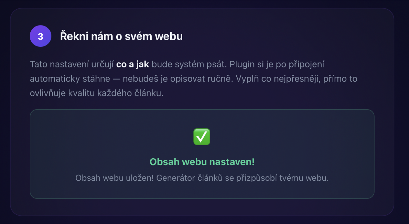 Setup portál — Krok 3: vyplněný formulář s polem Obor webu, Název webu a Popis webu. Pod formulářem je zelené potvrzení „Obsah webu nastaven!".